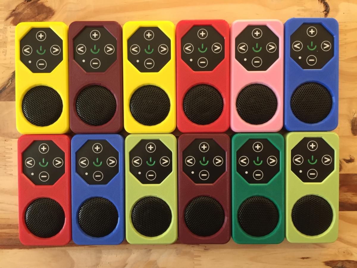 A dozen colorful, low-cost SeedPlayer players.